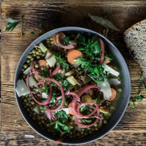 Kohlrabi and Lentil Soup served with sourdough