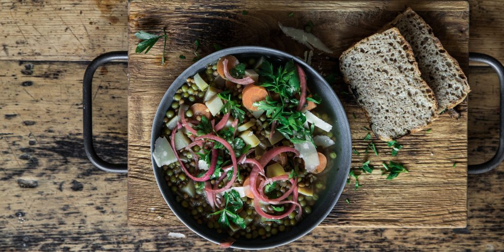 Kohlrabi and Lentil Soup served with sourdough