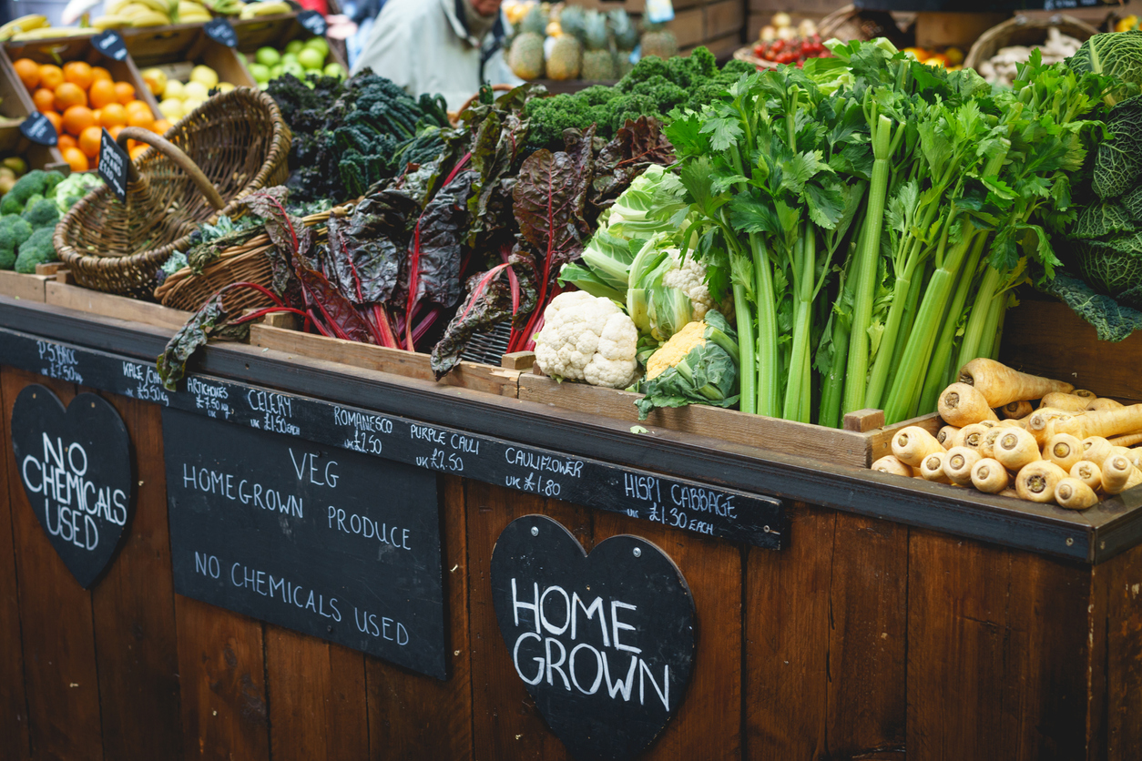 Vegetable stall in farmer market, including celery, parsnips and broccoli. Landscape format.