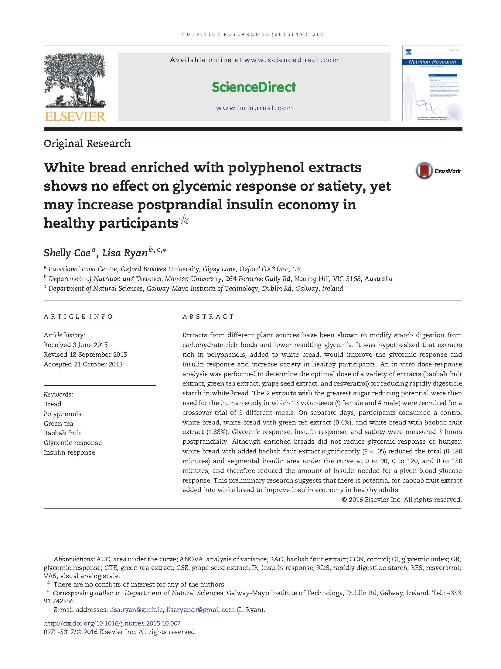 White bread enriched with polyphenol extracts shows no effect on