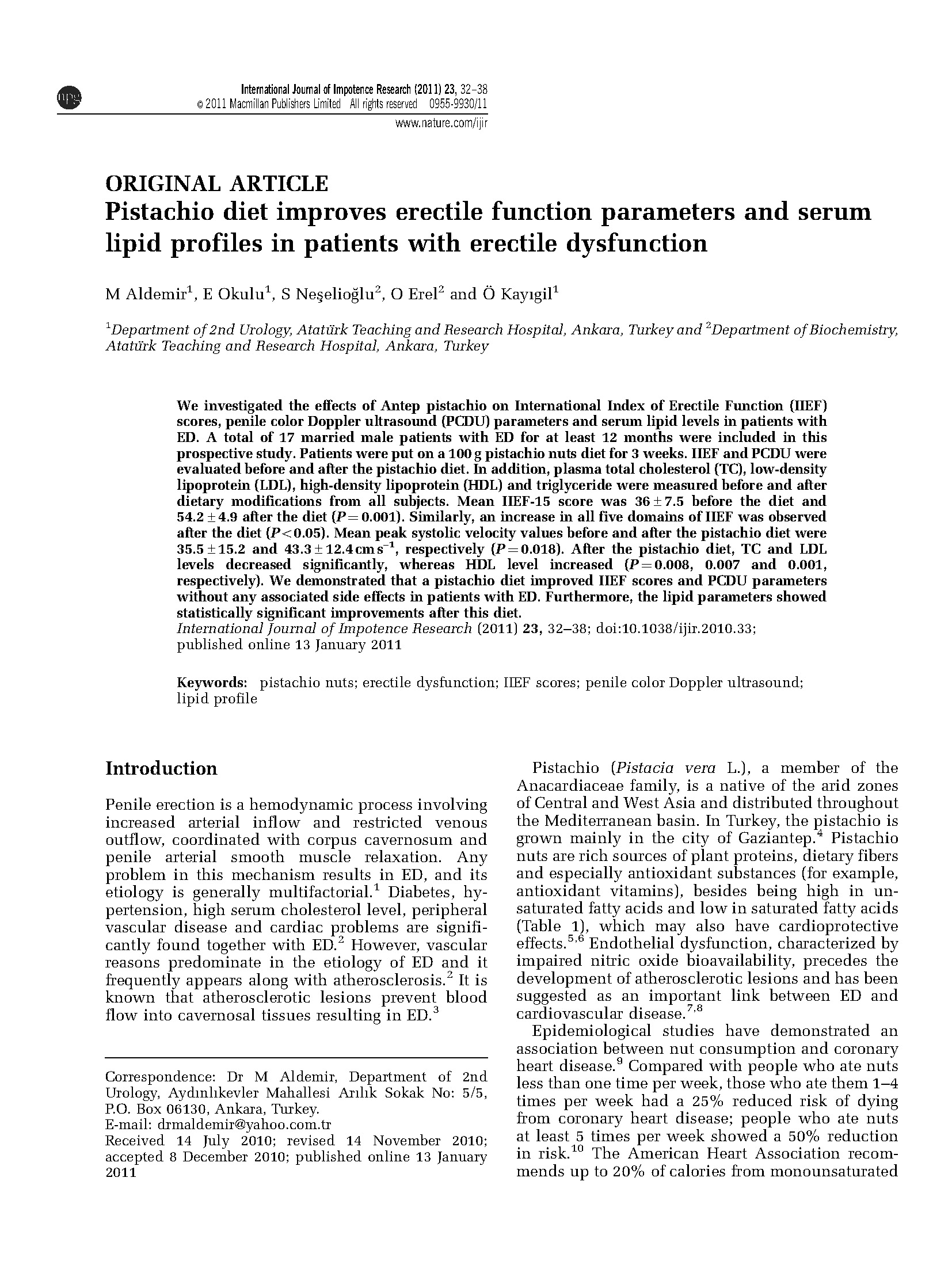 Pistachio diet improves erectile function parameters and serum lipid