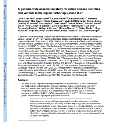 A genome-wide association study for celiac disease identifies risk variants in the region harboring IL2 and IL21