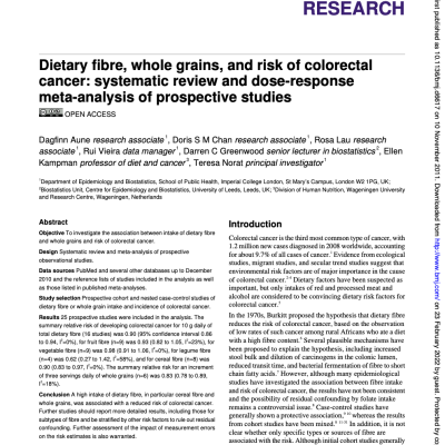 Dietary fibre, whole grains, and risk of colorectal cancer: systematic review and dose-response meta-analysis of prospective studies