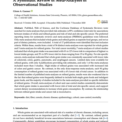 Whole Grains, Refined Grains, and Cancer Risk: A Systematic Review of Meta-Analyses of Observational Studies