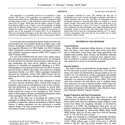 Fermentation Reduces Free Asparagine in Dough and Acrylamide Content in Bread