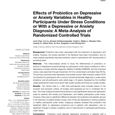 Effects of Probiotics on Depressive or Anxiety Variables in Healthy Participants Under Stress Conditions or With a Depressive or Anxiety Diagnosis: A Meta-Analysis of Randomized Controlled Trials