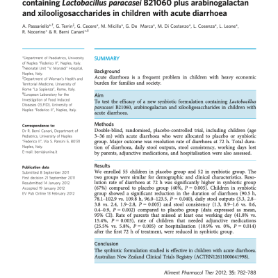 Randomised clinical trial: efficacy of a new synbiotic formulation containing Lactobacillus paracasei B21060 plus arabinogalactan and xilooligosaccharides in children with acute diarrhoea