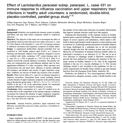 Effect of Lactobacillus paracasei subsp. paracasei, L. casei 431 on immune response to influenza vaccination and upper respiratory tract infections in healthy adult volunteers: a randomized, double-blind, placebo-controlled, parallel-group study