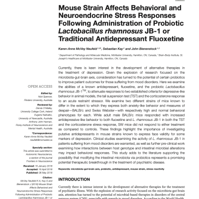 Mouse Strain Affects Behavioral and Neuroendocrine Stress Responses Following Administration of Probiotic Lactobacillus rhamnosus JB-1 or Traditional Antidepressant Fluoxetine
