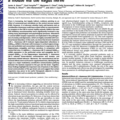 Ingestion of Lactobacillus strain regulates emotional behavior and central GABA receptor expression in a mouse via the vagus nerve