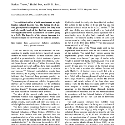 Effect of Dahi Containing Lactococcus lactis on the Progression of Diabetes Induced by a High-Fructose Diet in Rats