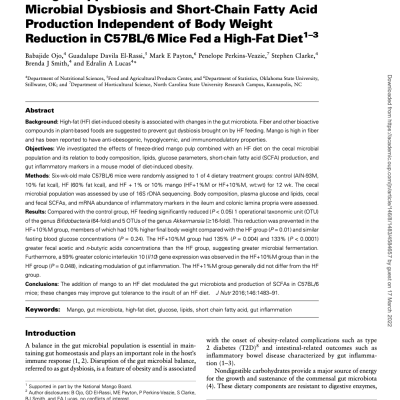 Mango Supplementation Modulates Gut Microbial Dysbiosis and Short-Chain Fatty Acid Production Independent of Body Weight Reduction in C57BL/6 Mice Fed a High-Fat Diet
