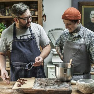 Ben Martin in the bakery at The Sourdough school working with the chocolate for the Pantonne