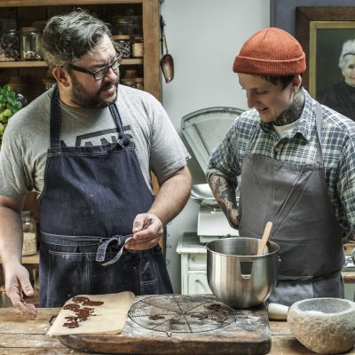 Ben Martin in the bakery at The Sourdough school working with the chocolate for the Pantonne